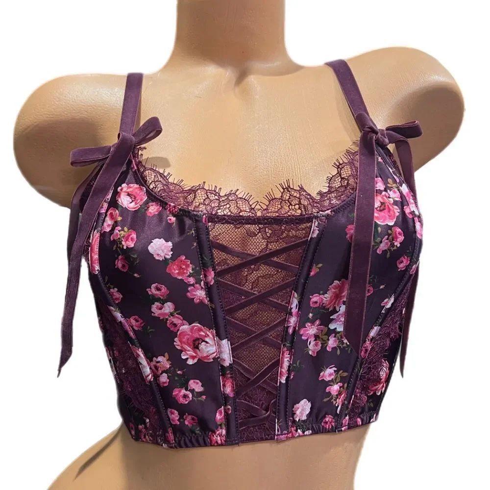 Victorias Secret Dream Angels Satin & lace Unlined Corset Bra Burgundy floral S
